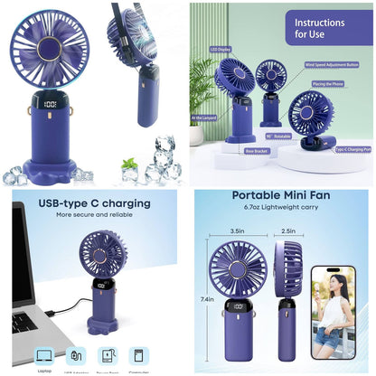 Digital Display Portable Mini Fan – 5-in-1 Multipurpose USB-C Rechargeable Handheld Fan - With Cable (Random Color)